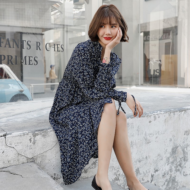 Korean Vintage Long Sleeve Casual Dresses Women Spring Summer Print V Neck Midi Dress Blue | BigBuy360 - bigbuy360.vn