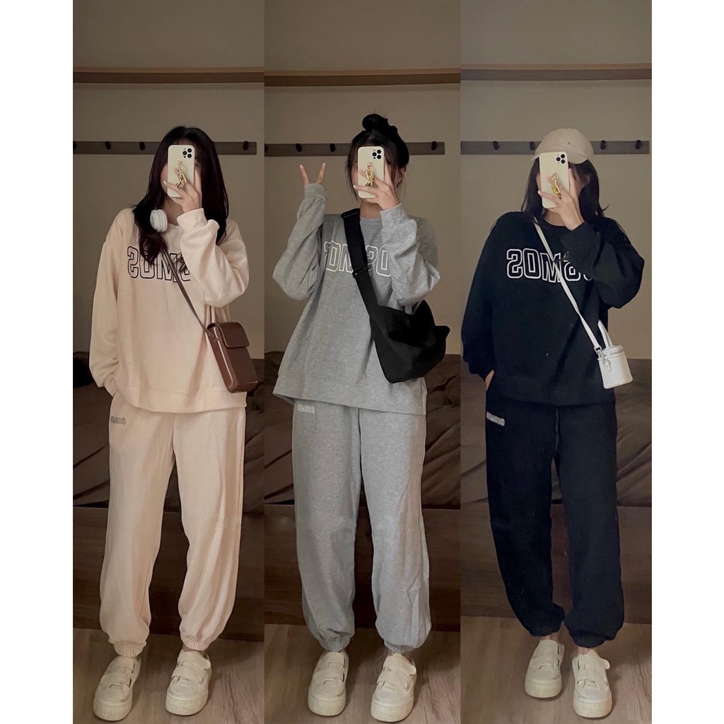 Set Bộ Nỉ Bông Cosmos Áo Hoodie Dài Tay Quần Bom Bo Gấu Chất Siêu Dày Dặn Phong Cách Thể Thao Đào lê phương hoa N1