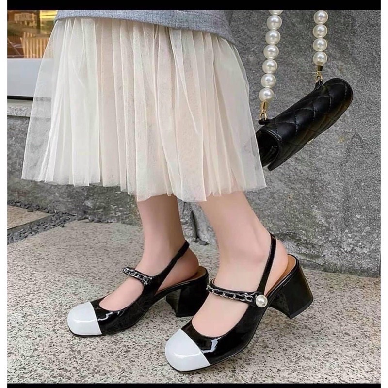 Giày bít đen trắng hở gót sandan 7cm gót 5-7 cm xinh xắn ( chuẩn from )