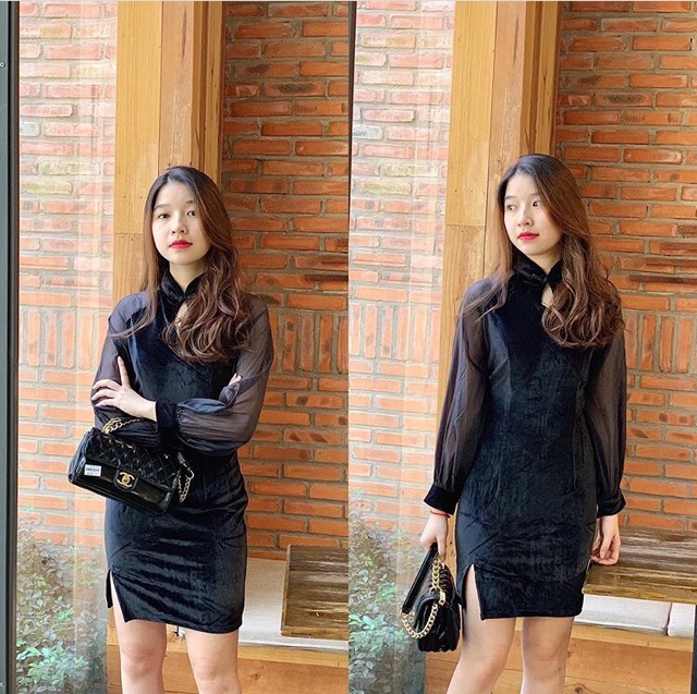 CHINESE DRESS đầm nhung sườn sám phối tay lưới đen, đỏ