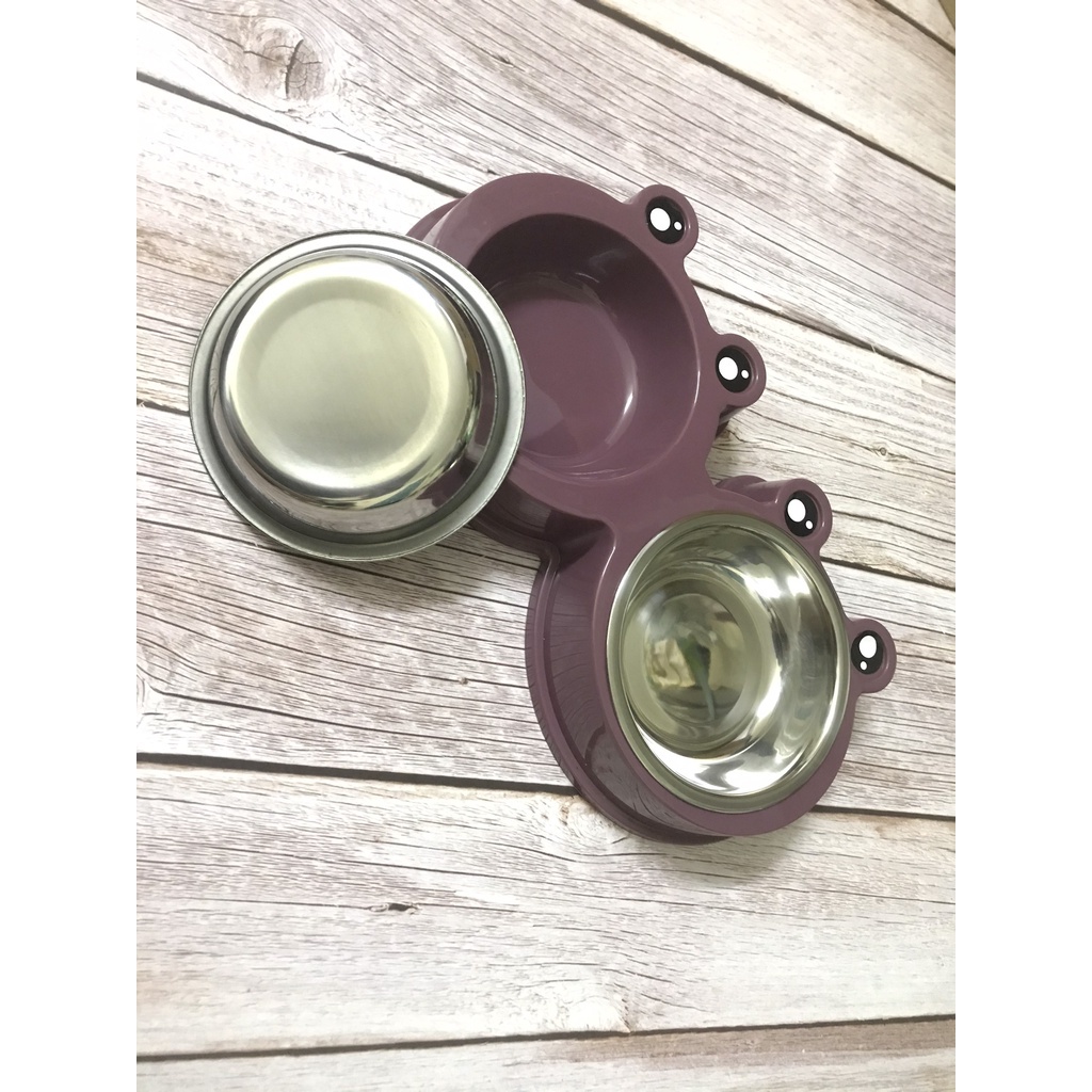 Ship hỏa tốc - Bát ăn đôi inox cho thú cưng hình con ếch ngộ nghĩnh, có đế cao su chống trượt
