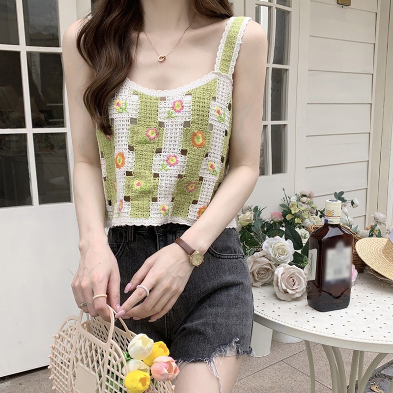 Brroa Áo Croptop Dệt Kim Không Tay Thêu Hoa Màu Sắc Tương Phản Nổi Bật Thời Trang Cho Nữ