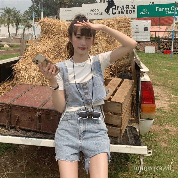 Thời Trang Phong Cách Phù Hợp Với Phụ Nữ Bên Trong Màu Trắng Tay NgắnTÁo Sơ Mi Và Mùa Hè Ngắn Denim Vest Dây Đeo Hai Mản