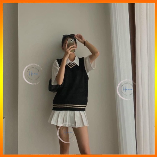 Áo Gile Nữ Chữ A Phối Viền Năng Động Freesize Chất Len Mềm Mịn Cao Cấp Hanva