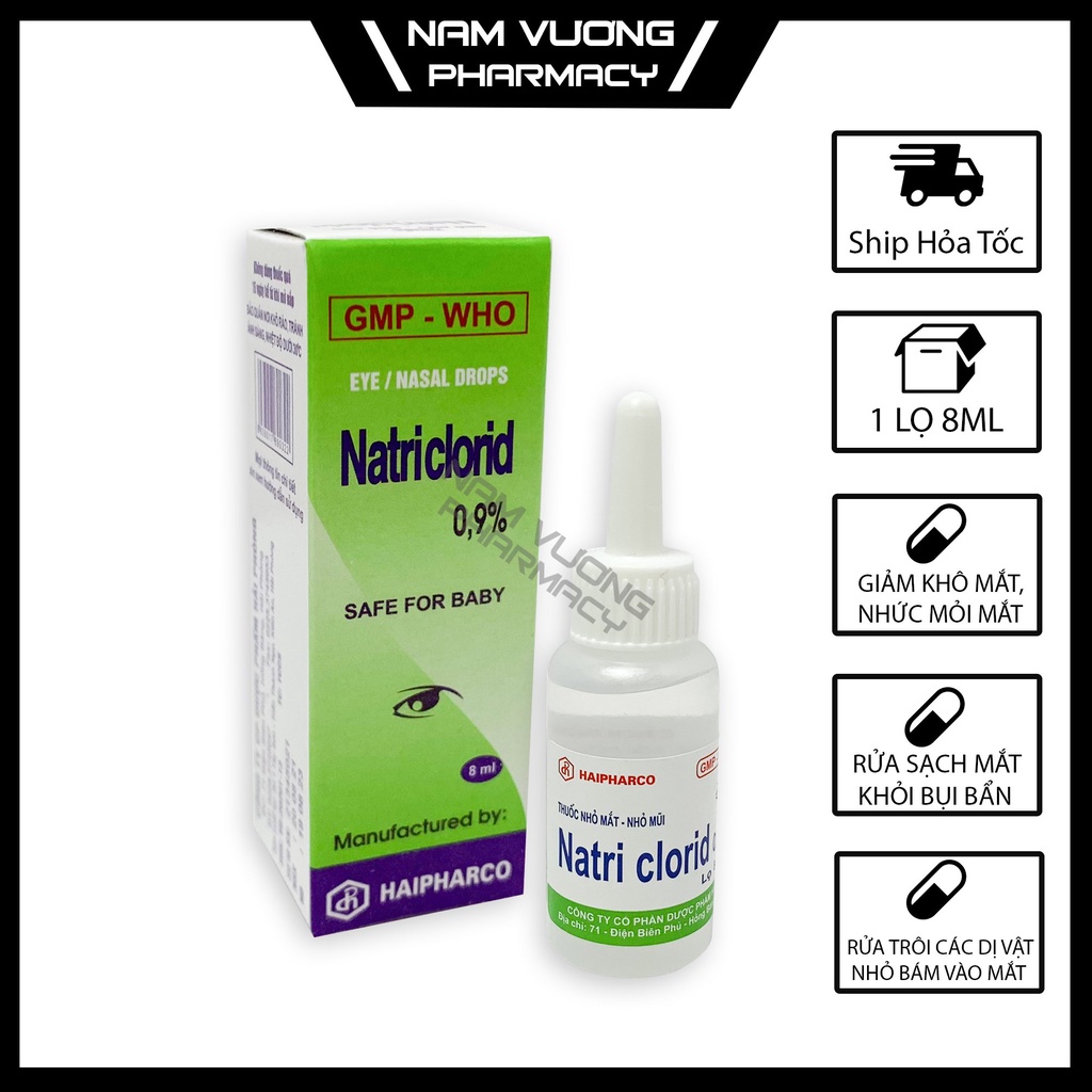 Nước muối sinh lý NATRICLORID 0,9% Giúp làm giảm khô mắt, mỏi mắt, vệ sinh mắt - 1 hôp 8ml