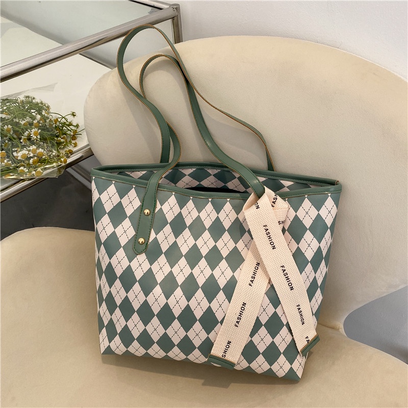 Túi tote Đeo Vai Sức Chứa Lớn Họa Tiết Kim Cương Màu Sắc Tương Phản Thời Trang Mùa Hè Cho Nữ