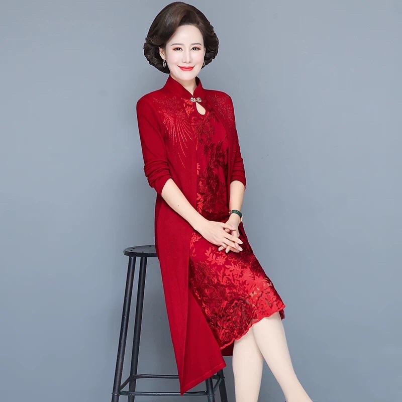 Đầm trung niên nữ cao cấp, thiết kế phối ren sang trọng, dáng dài thanh lịch NV0948