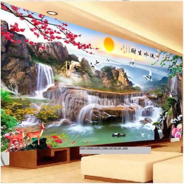 Tranh thêu phong cảnh đẹp lưu thuỷ sinh tài 195x87cm