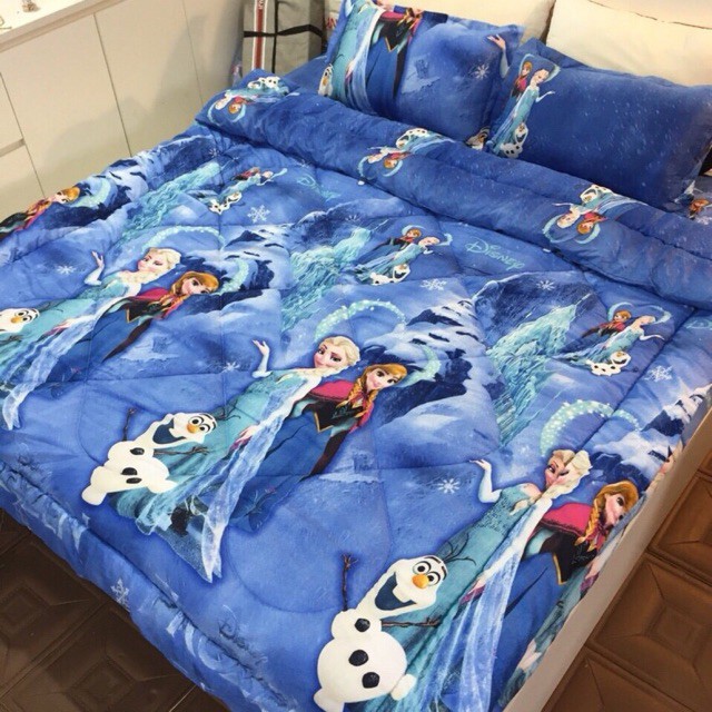 Bộ Chăn Ga Gối Cotton Poly Chăn Phao 5 Món- Elsa Xanh