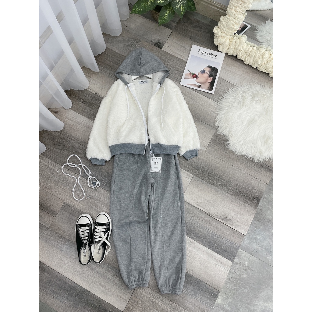 Set áo lông mũ mix quần boom thụng