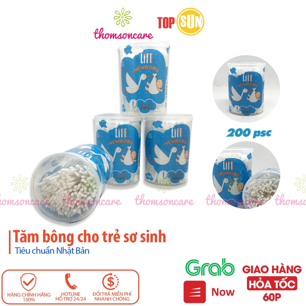 Tăm bông cho trẻ sơ sinh Life New born thân giấy, công nghệ Nhật Bản Hộp bông ngoáy tai 200 que vệ sinh cho bé