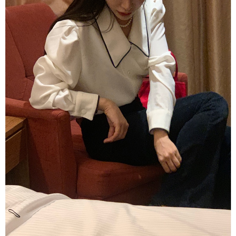 SUXI Áo sơ mi nữ tay dài phồng cổ chữ V phong cách vintage Hàn Quốc thanh lịch