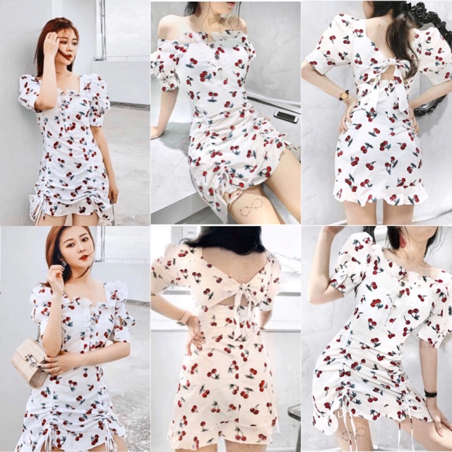 Đầm trắng france dress hoạ tiết cherry thiết kế độc lạ cột nơ lung và rút dây ở phần chân váy