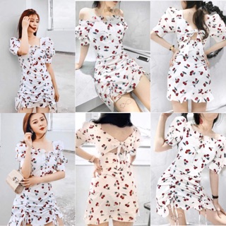 Đầm trắng france dress hoạ tiết cherry thiết kế độc lạ cột nơ lung và rút dây ở phần chân váy