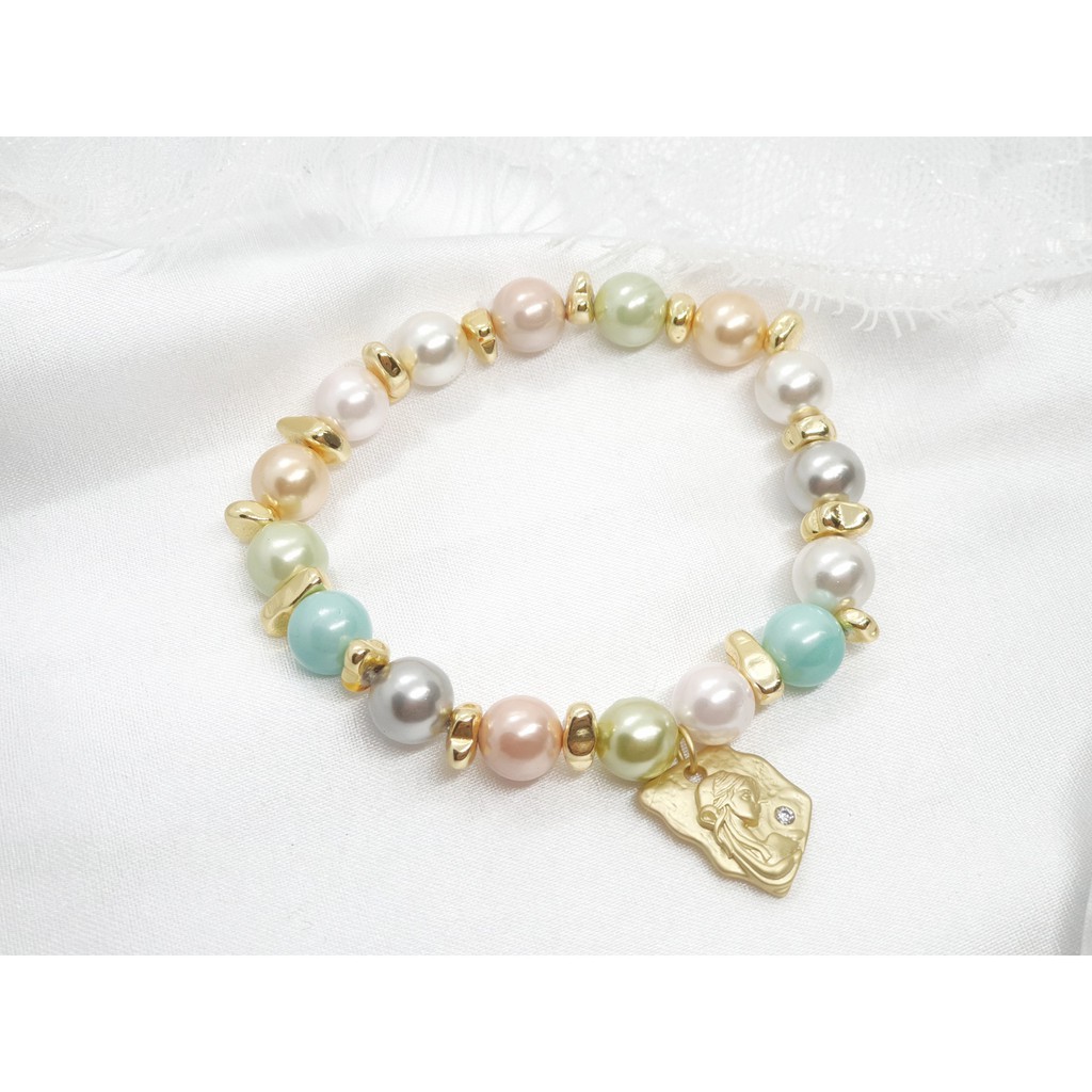 Vòng mân côi handmade Color Faux Pearl đính charm mạ vàng nhập Ý Stainless Steel, trang sức phụ kiện Công Giáo