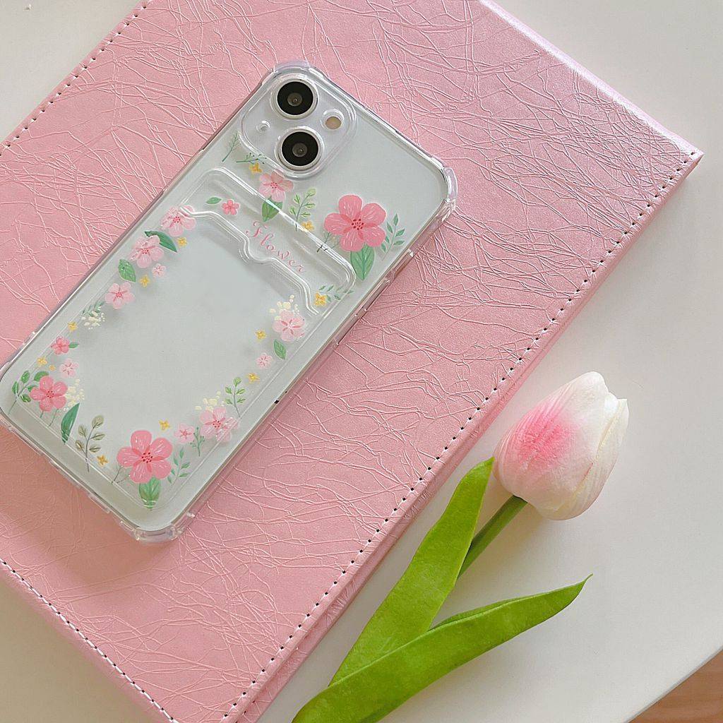 Ốp Điện Thoại TPU Dẻo Trong Suốt Họa Tiết Hoa Tulip Kèm Giá Đỡ & Ngăn Đựng Thẻ Cho iPhone 11 13 7Plus 12 Pro Max XR