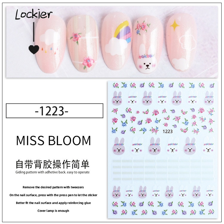 Miếng Dán Trang Trí Móng Tay 3D Chống Nước Hình Thỏ Và Hoa Dễ Thương