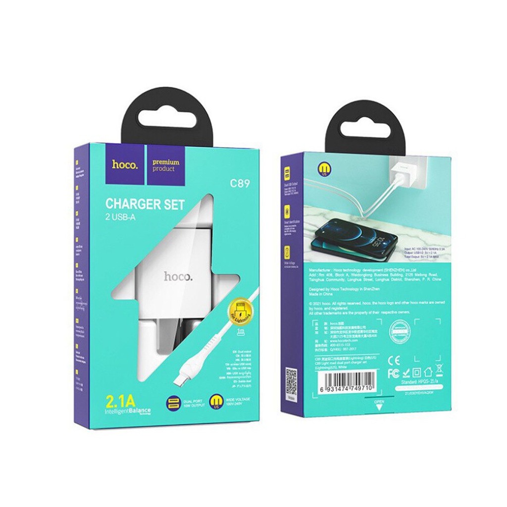 Bộ sạc Hoco C89 cho IPHONE 2 cổng USB, sạc nhanh 2.1A, tương thích với dòng iPhone/iPad, chân cắm US, dây dài 1m