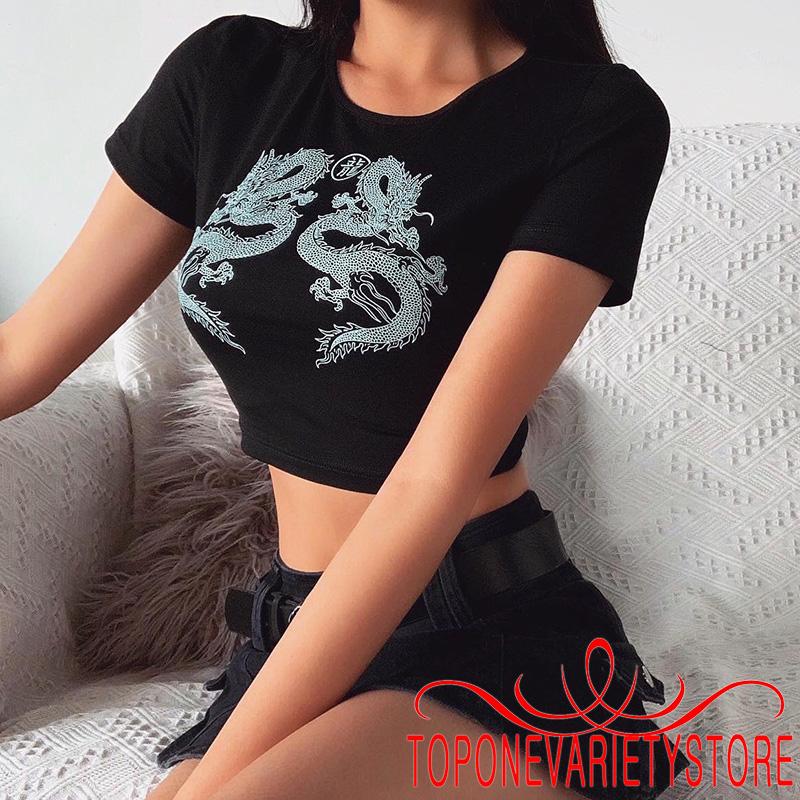 Áo croptop nữ in hình rồng thời trang