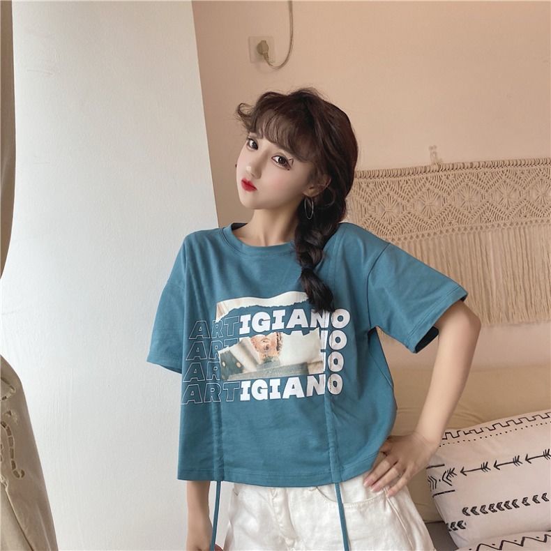 Áo Thun Ngắn Tay Phối Dây Rút Cá Tính Dành Cho Nữ