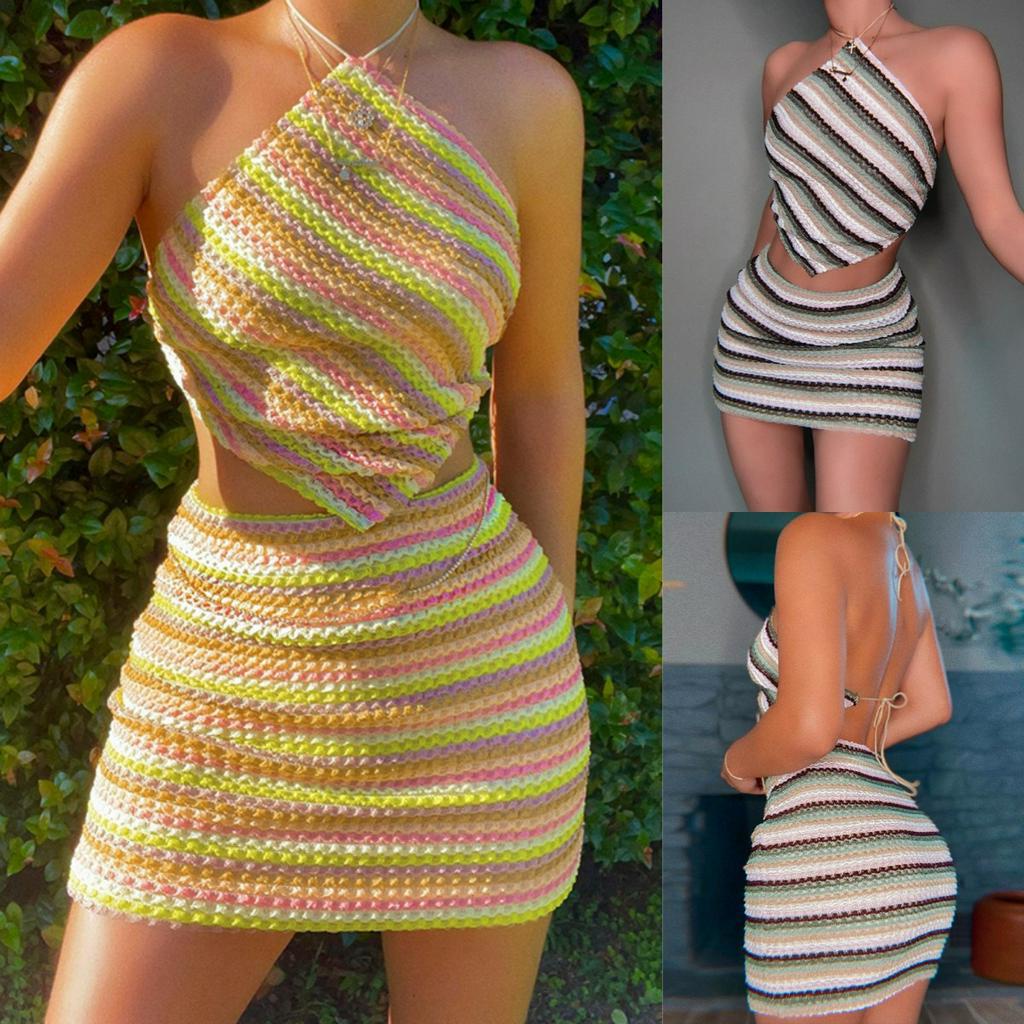 GIVEME-2 Pieces Women Suit Set, Contrast Color Halter Neck Sleeveless Tie-Up Tops+ Short Skirt for Summer, S/M/L