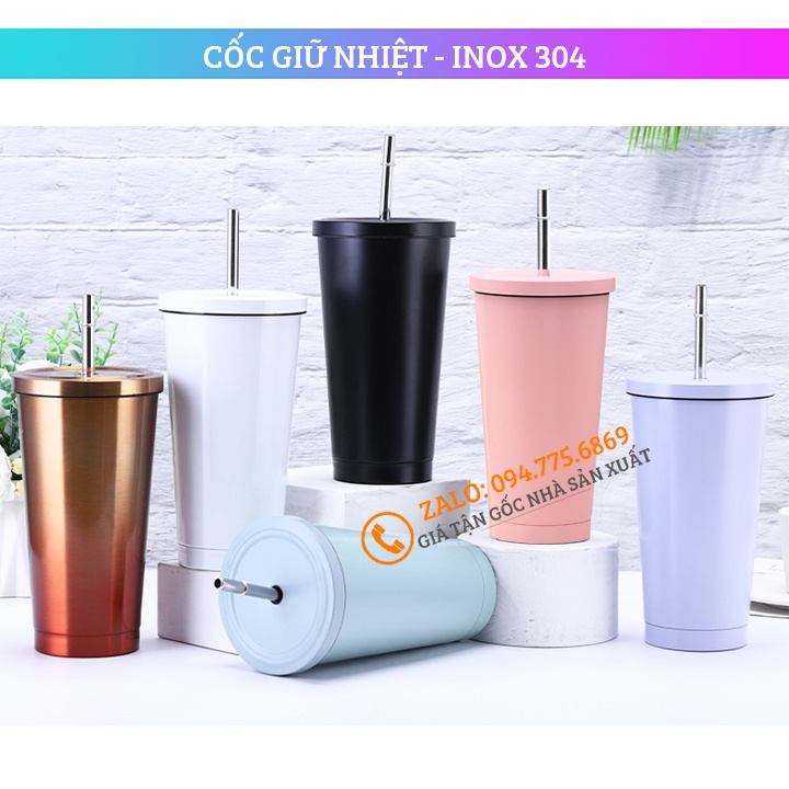 Cốc Giữ Nhiệt 500 ml & 750 ml - Ly giữ nhiệt kèm ống hút inox - Chất liệu Inox 304 Cực Đẹp - Giữ Nhiệt Lâu