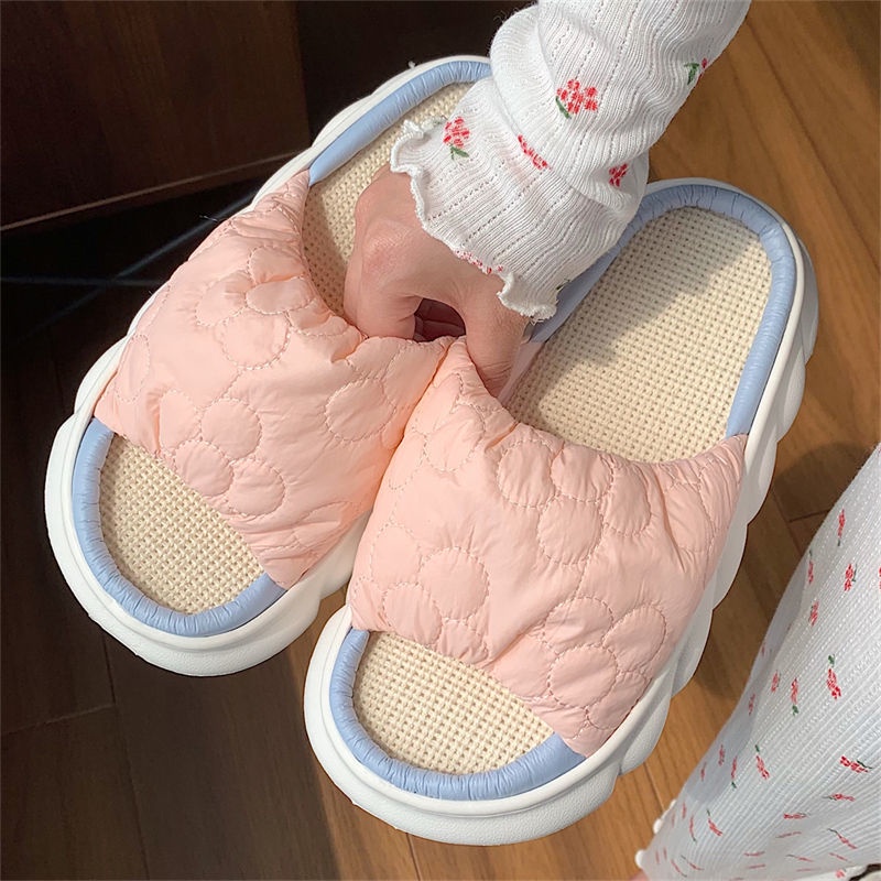 Oeteo Dép Bông Đi Trong Nhà Bằng cotton Lanh Dày Dặn Họa Tiết Hoa Cho Nữ