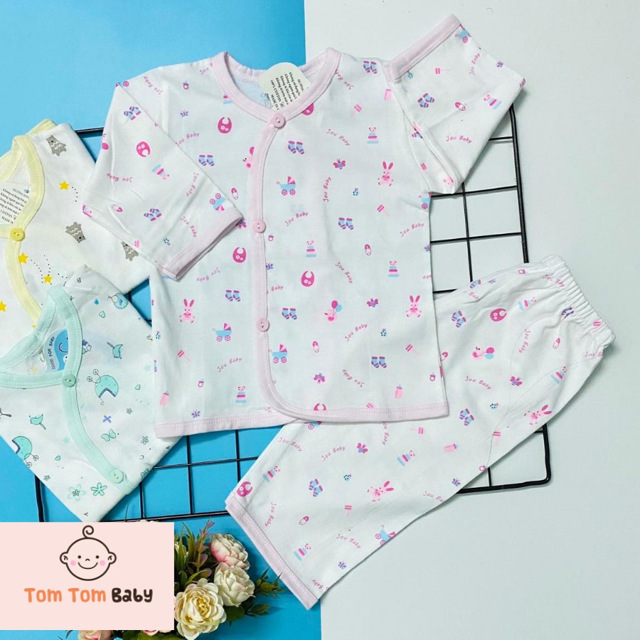 Bộ quần áo sơ sinh Tay Dài Cài Xéo Họa Tiết JOU, chất vải cotton 100% cao cấp mềm, mịn, thoáng mát, hàng giao giống hình