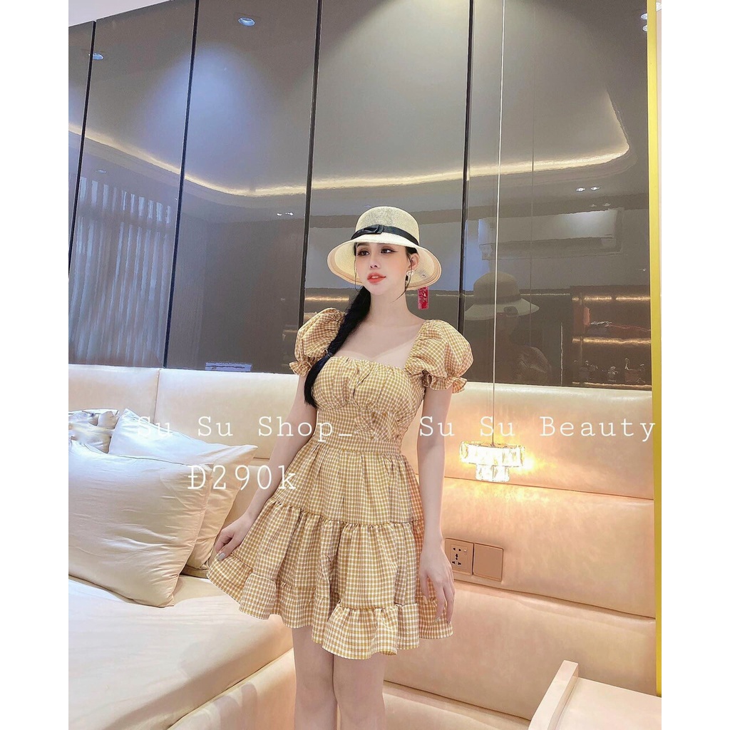 Đầm cara xếp tầng trễ vai phối tay phồng có mút, chất vải mềm, mịn