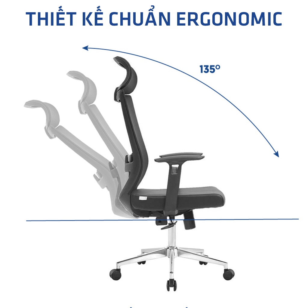 Ghế công thái học GOVI Ergonomic Plato PL01 Tựa đầu tựa tay cố định, Mâm ghế ngả lưng 90-135 độ, khóa cố định 3 vị trí