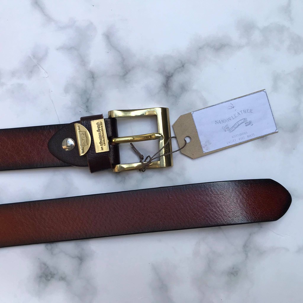 Dây Nịt Da Bò Tự Nhiên Viền Đen - Mặt Đồng Đúc Nguyên Khối LB006