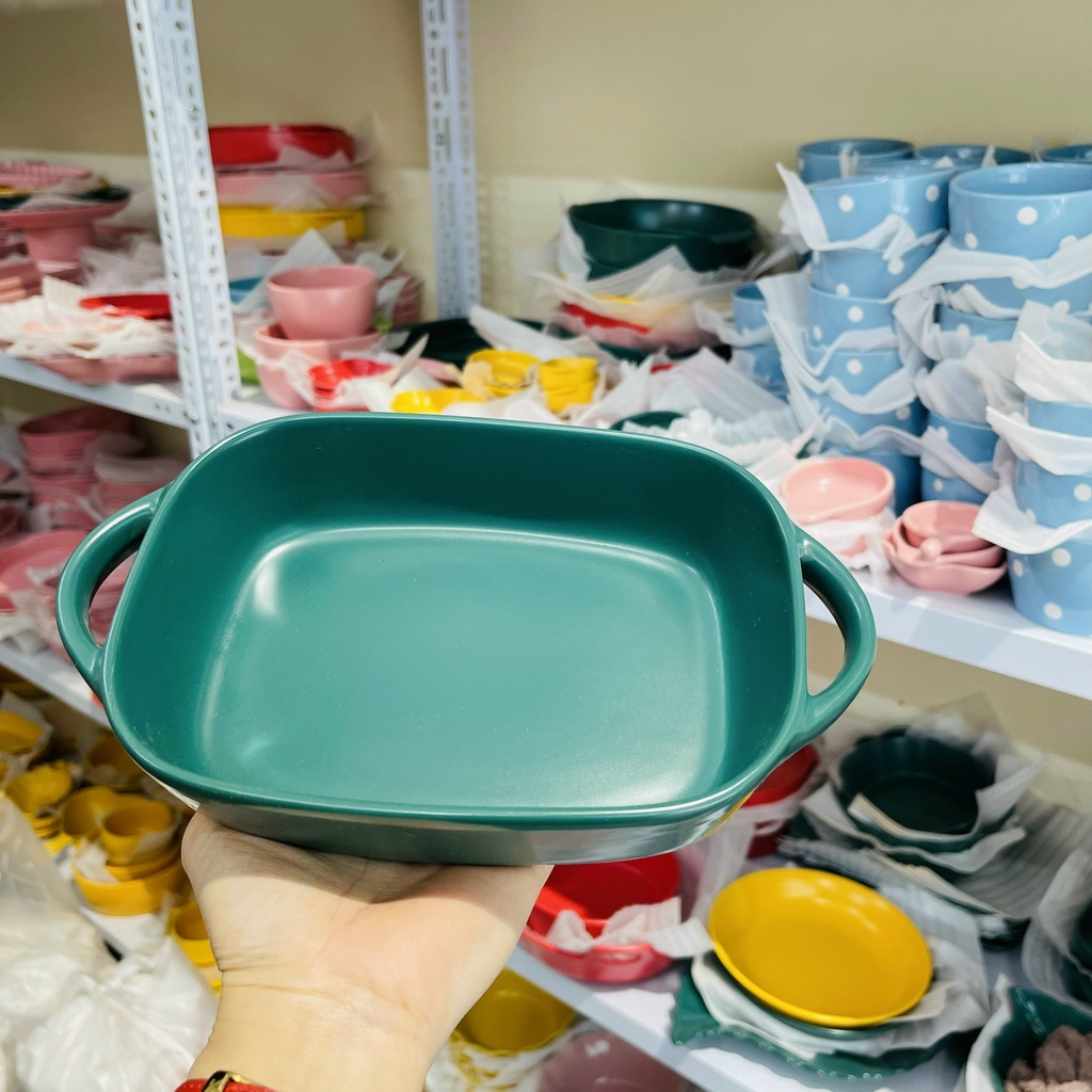 Bộ bát đĩa decor siêu đẹp khay nướng chữ nhật tai thủng gốm sứ