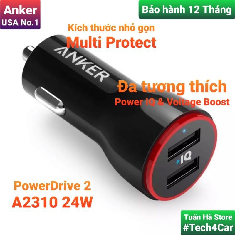 Tẩu sạc nhanh ô tô xe hơi 2 cổng USB Anker PowerDrive 24W A2310, 71AN24 cho Iphone, Ipad, Samsung, Xiaomi