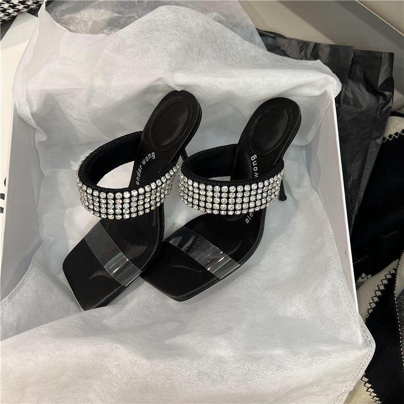 Dép Cao Gót Mũi Vuông Quai Trong Suốt Đính Đá Phong Cách Âu Mỹ 2022 Thời Trang