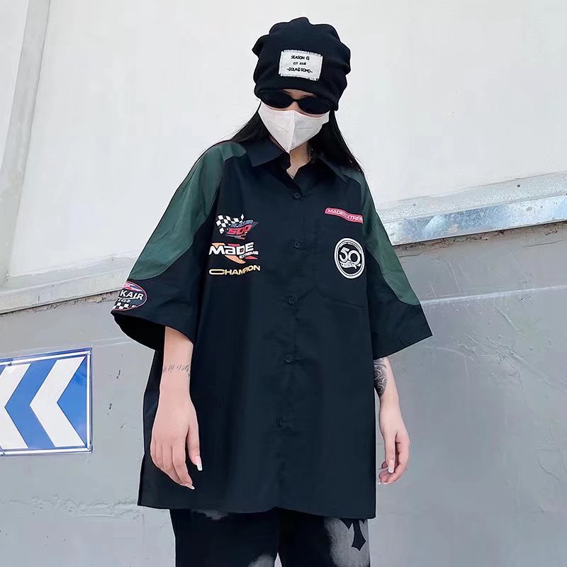 Áo Sơ Mi Tay Ngắn Cổ POLO Dáng Rộng In Họa Tiết Phong Cách Hip hop Hàn Quốc Thời Trang Cho Nam