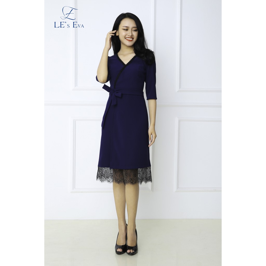 Đầm xòe xanh tím than phối ren cao cấp