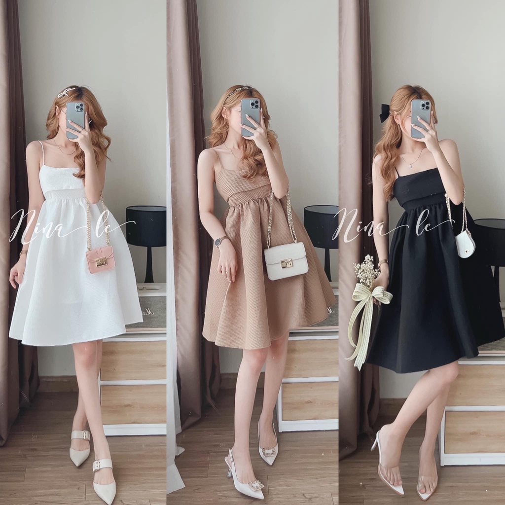 Váy babydoll nơ lưng dự tiệc, Đầm nữ vintage Hàn Quốc chất đẹp, váy trắng, đen, hồng,cánh tiên đính bông