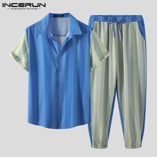 Bộ Đồ Nam 2 Món INCERUN Áo Tay Ngắn + Quần Dài Kẻ Sọc Thời Trang