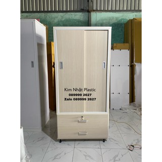 Tủ nhựa đài loan 2 cánh lùa 2 ngăn kéo freeship- sồi