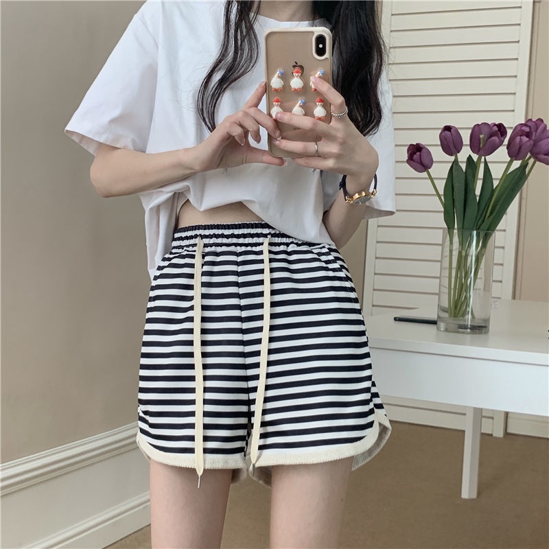 Quần Short Thể Thao Lưng Cao Ống Rộng Họa Tiết Kẻ Sọc Thời Trang Mùa Hè Dành Cho Nữ