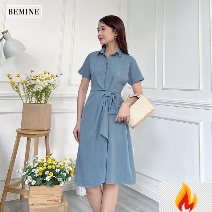 Đầm dáng xòe nữ thiết kế cổ sơ mi nhún eo đính nơ kiểu dáng thanh lịch BEMINE MT2069XANH hfZ1