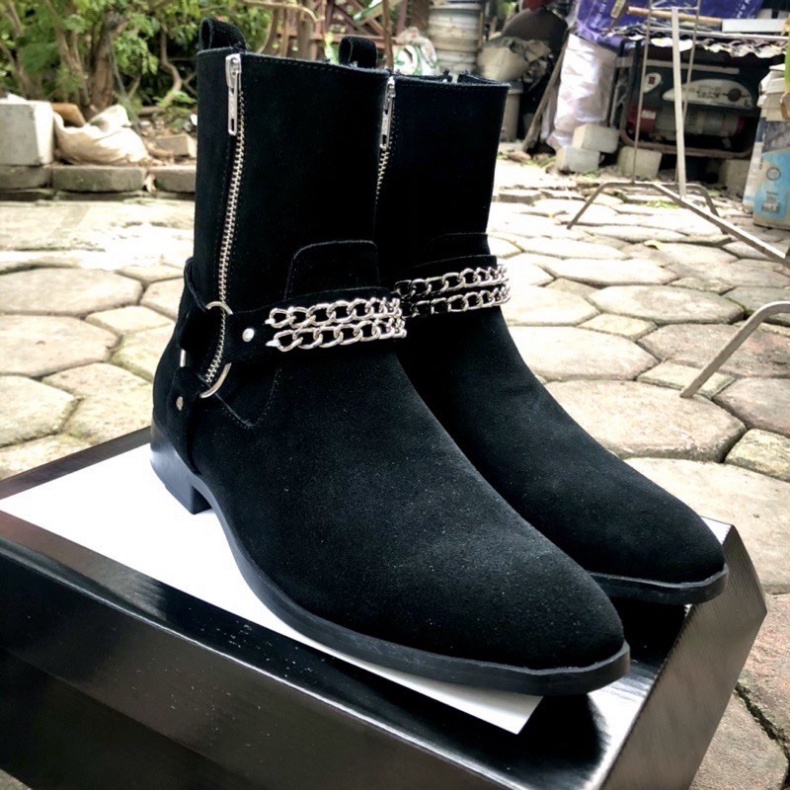 Giày thời trang nam cao cổ Harness boots da lộn tăng 3.5cm chiều cao | BigBuy360 - bigbuy360.vn