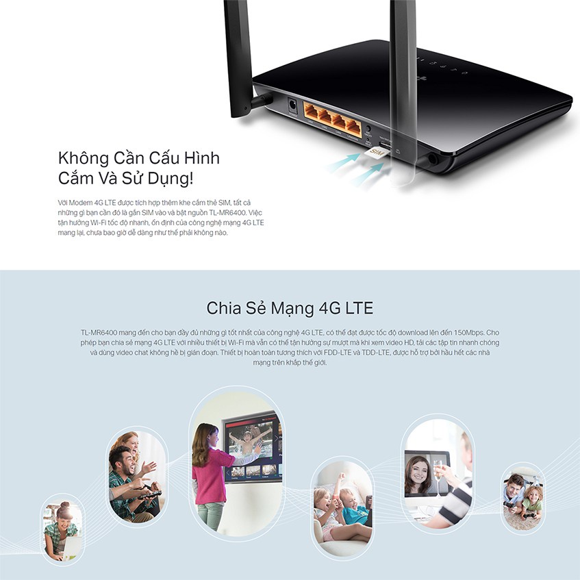 Cục phát wifi từ sim 4G TP-Link TL- MR6400 bộ phát wifi không dây LTE N 300Mbps - Hàng Chính Hãng