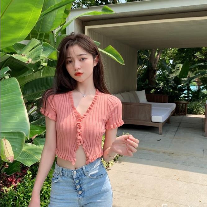 Áo Croptop dệt kim tay ngắn Jennie BLACKPINK điệu đà thời trang vintage  ྇