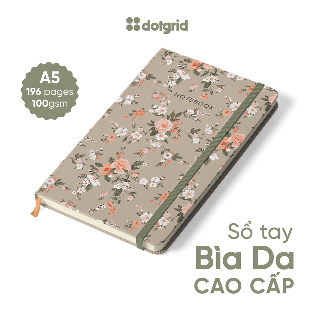 Sổ tay bìa da Flower Club A5 handmade giấy 100GSM (Chấm/Caro/Kẻ ngang/Trơn)