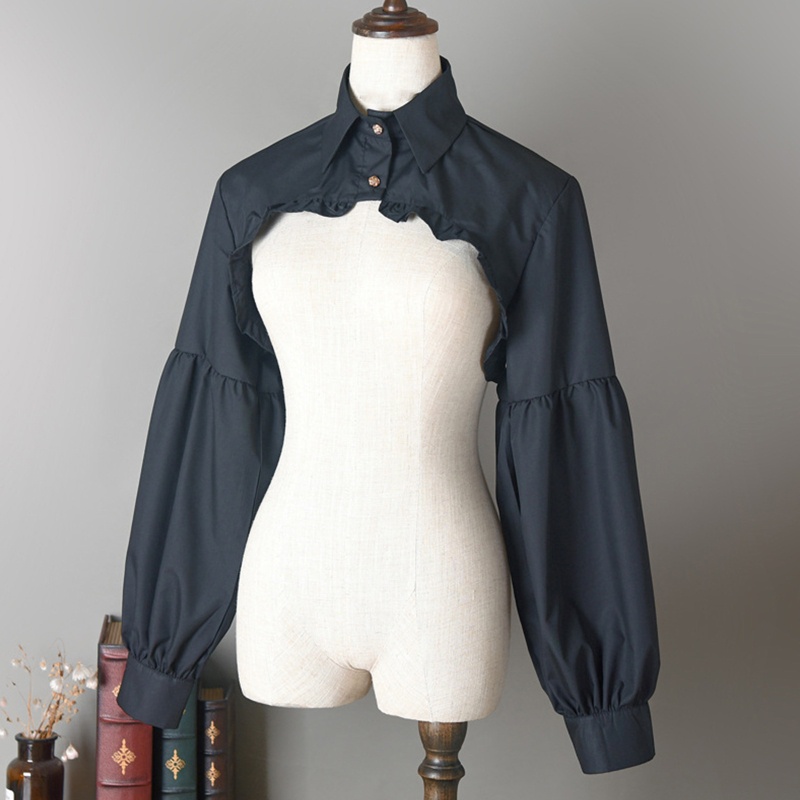 [CH *] Áo Sơ Mi Lửng Tay Phồng Dài Cổ Bẻ Cài Nút Giả Viền Bèo Phong Cách Vintage Cho Nữ Atta