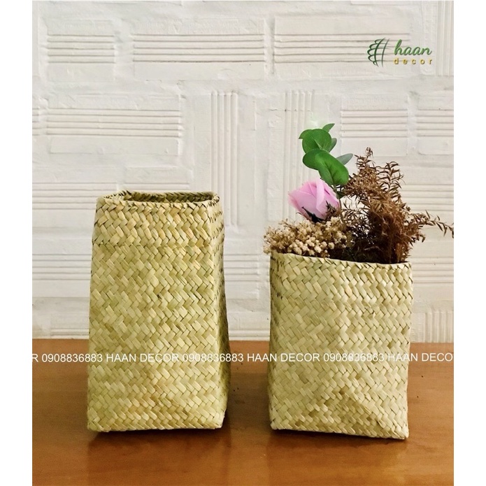 Giỏ cói vuông, giỏ cỏ bàng vuông Decor hoa khô phòng cách vintage, để chậu cây