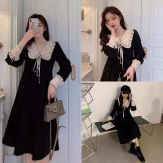 Đầm Đen Kiểu Pháp Cổ Phối Buộc Dây dưới 60kg  Kidfashion01  - Dài Tay Cổ Phối Q064