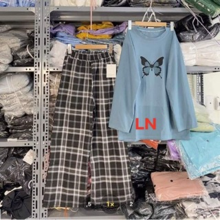Set áo thun suông dài tay in bướm + quần kẻ ô ống xuông rộng