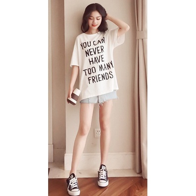 Áo thun tay lỡ nữ trắng form rộng chất cotton mát mịn, in chữ xinh A06
